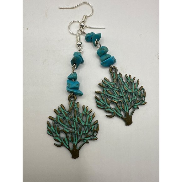 Turquoise Colored Coral Reef Drop Earrings With Brass Charms & Hooks - Picture 5 of 7